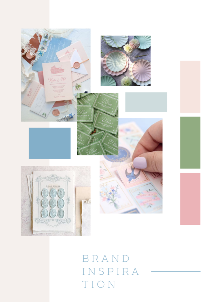 Mood board for Kindly Delivered featuring soft, romantic tones and vintage-inspired elements for a cohesive brand identity.