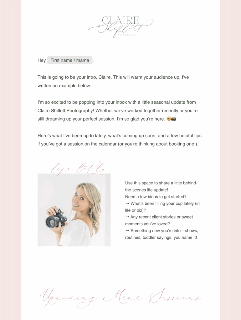 A look at Claire Shiflett's Flodesk newsletter template, designed by J. Ashley Innovations