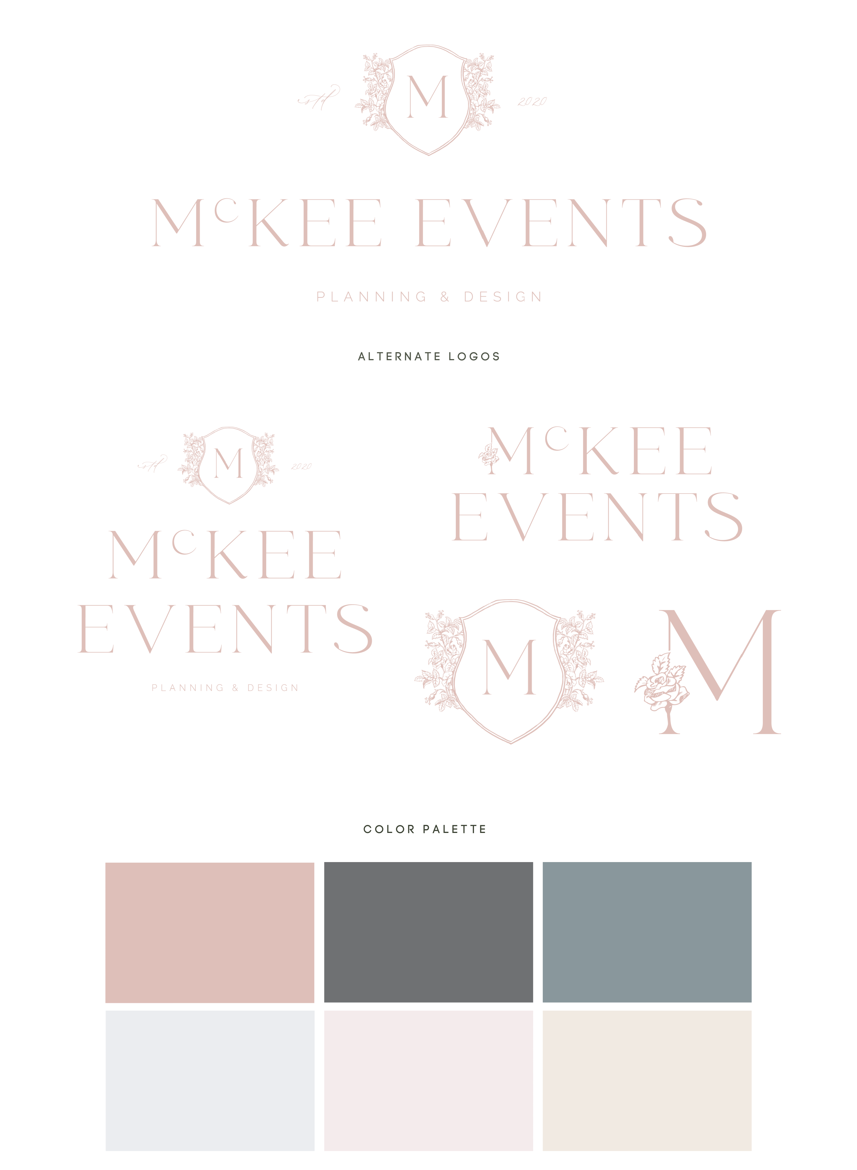 Logos and color palette for McKee Events, a luxury southeast wedding planner. Brand and showit design.
