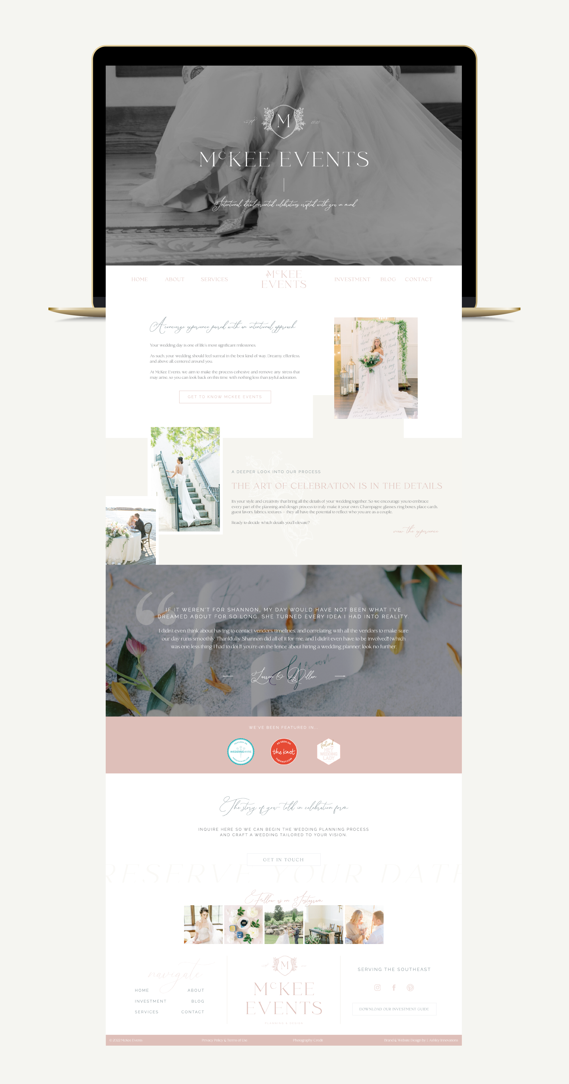 Screenshot and mockup of luxury wedding planner's brand and Showit design