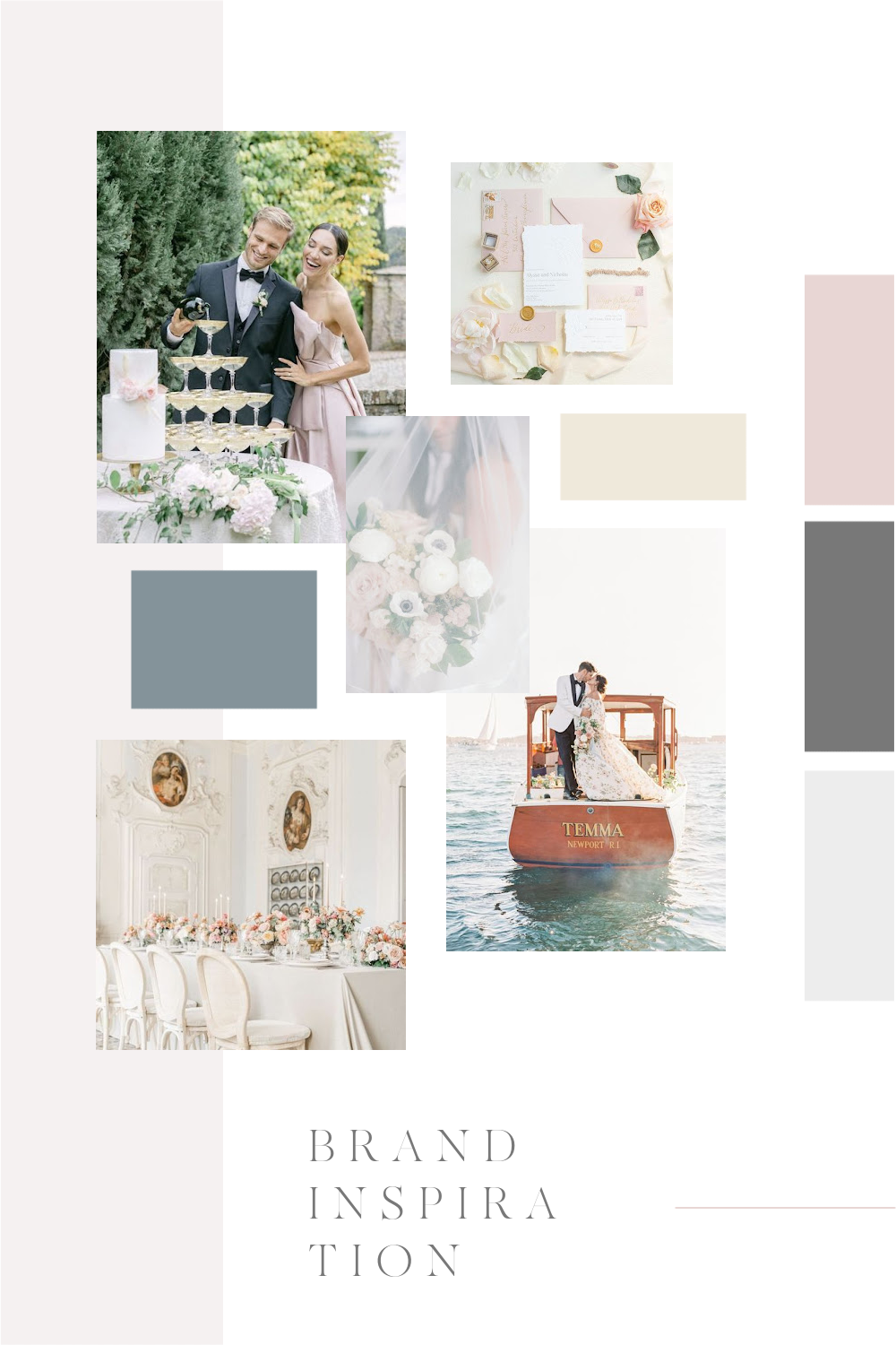 Mood board featuring inspiration imagery and colors for McKee Events, a luxury southeast wedding planner. Brand and showit design.
