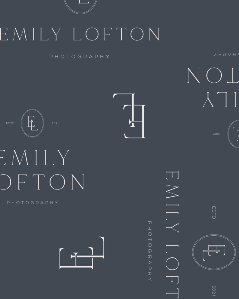 Different brand design options for Emily Lofton on navy background. Newborn Photographer